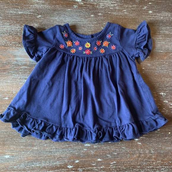 3/$12 Navy Blue Ruffled Short Sleeve Shirt with Flower Details - Picture 1 of 5